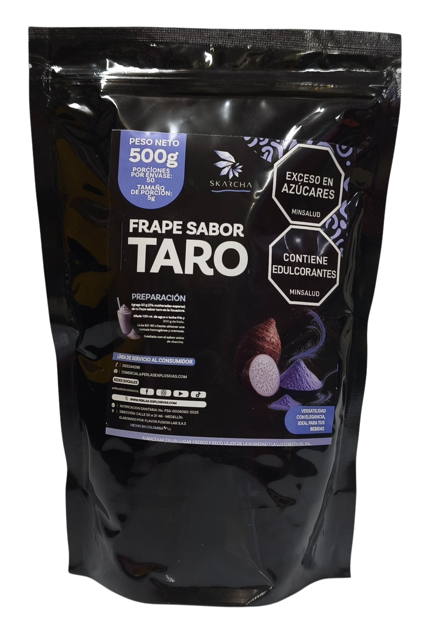 Bolsa mezcla en polvo  taro 500g — preparada para bebidas especiales, fondo blanco